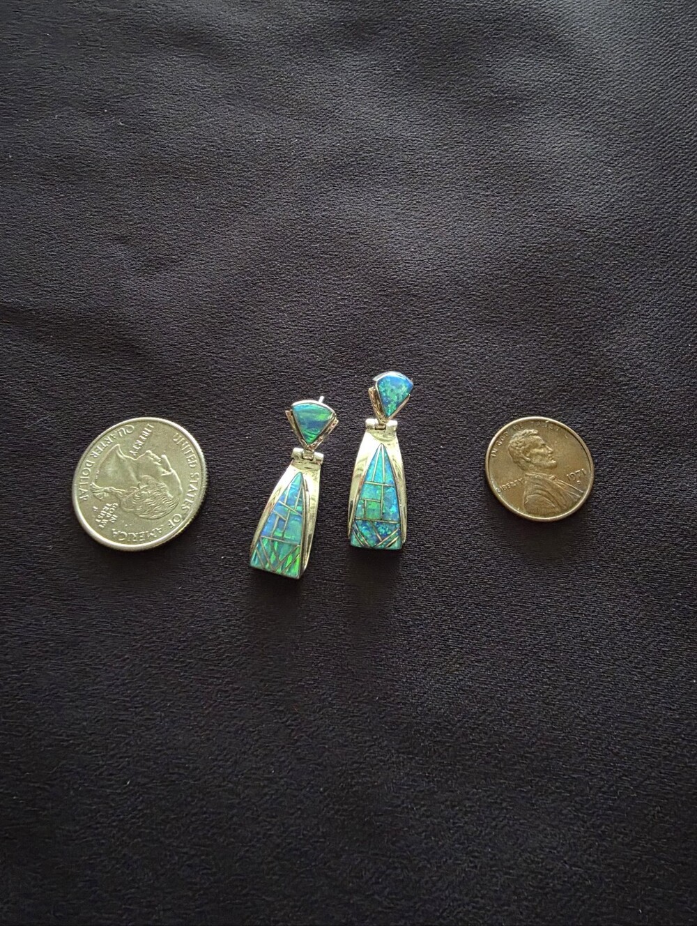 Navajo Marilyn Yazzie Sterling Silver Lab Opal Inlay Dangle Hinge Earrings Vtg - Picture 12 of 12